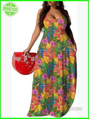 Plus Size Maxi Boho Beach Dress Sleeveless Side Pockets Flowy